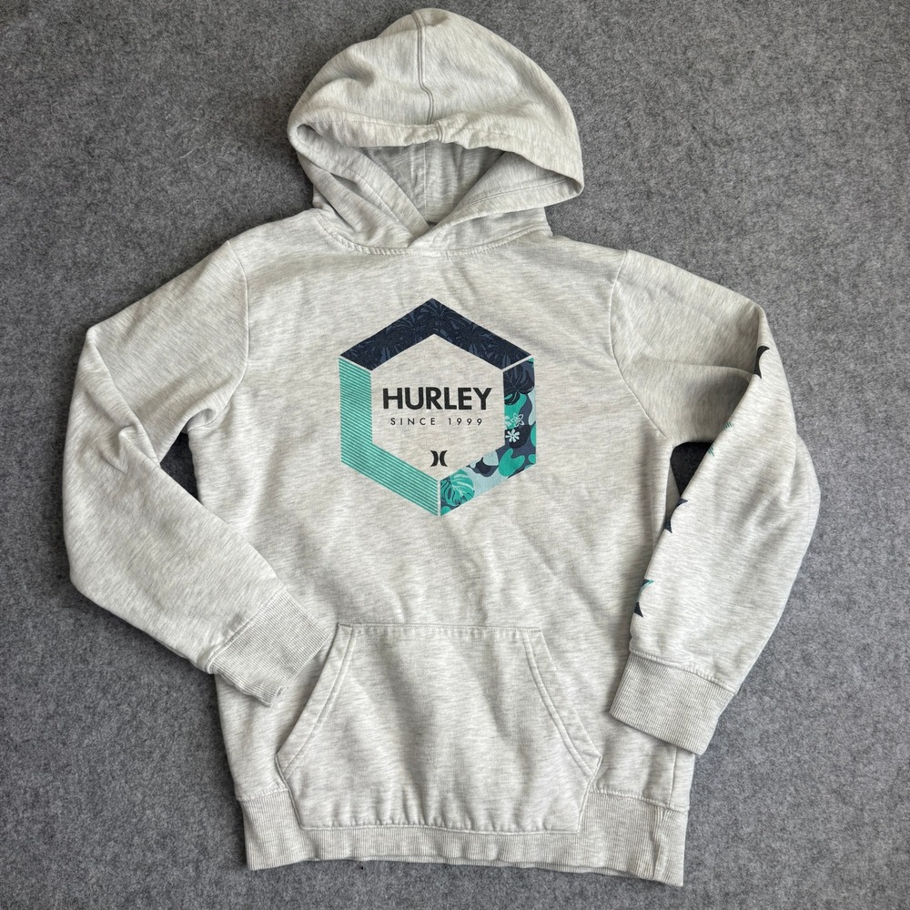 Hurley Boys Size L Gray Pullover Hoodie Floral Graphic Sweatshirt Large 12-13 YR